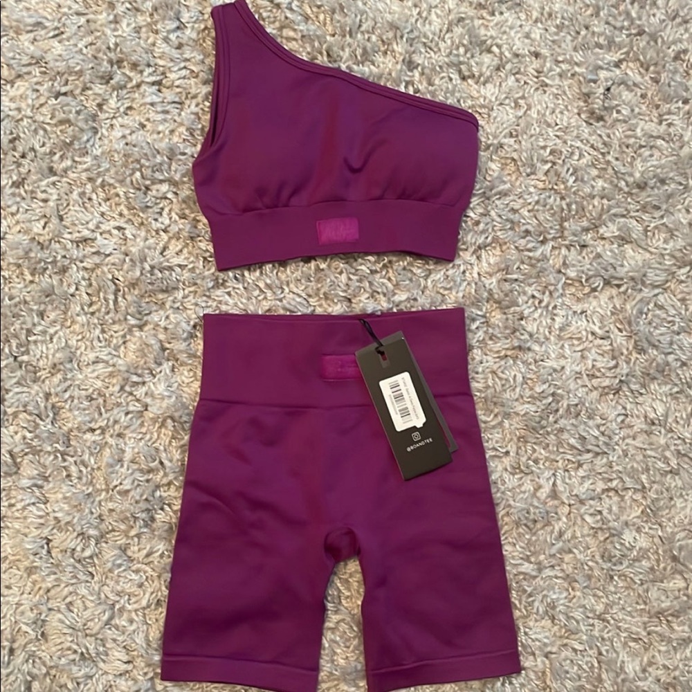 Bo+Tee deep purple shorts and bra workout set